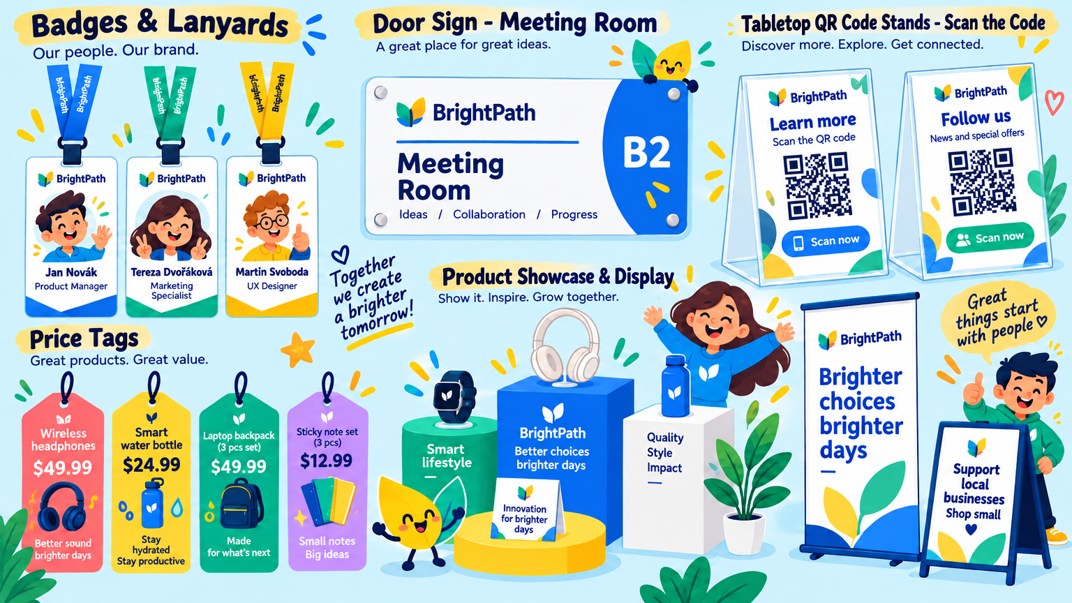Business signage infographic with badges, door signs, QR stands and product displays