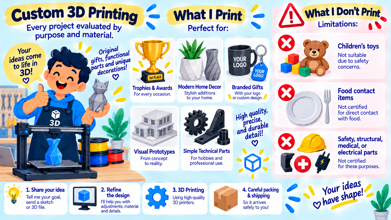 Custom 3D printing infographic showing suitable projects and excluded uses