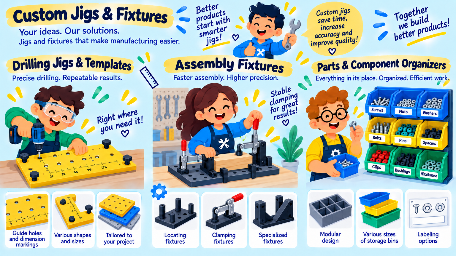 Workshop jig infographic with drilling templates, fixtures and parts organizers