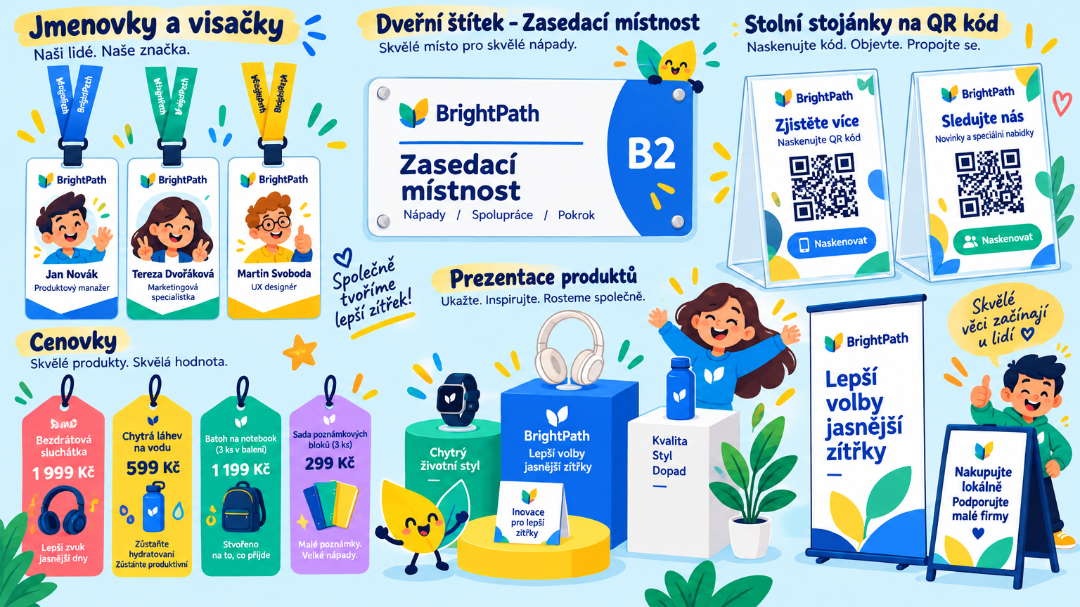 Infografika firemního značení, jmenovek, dveřních štítků a QR stojánků