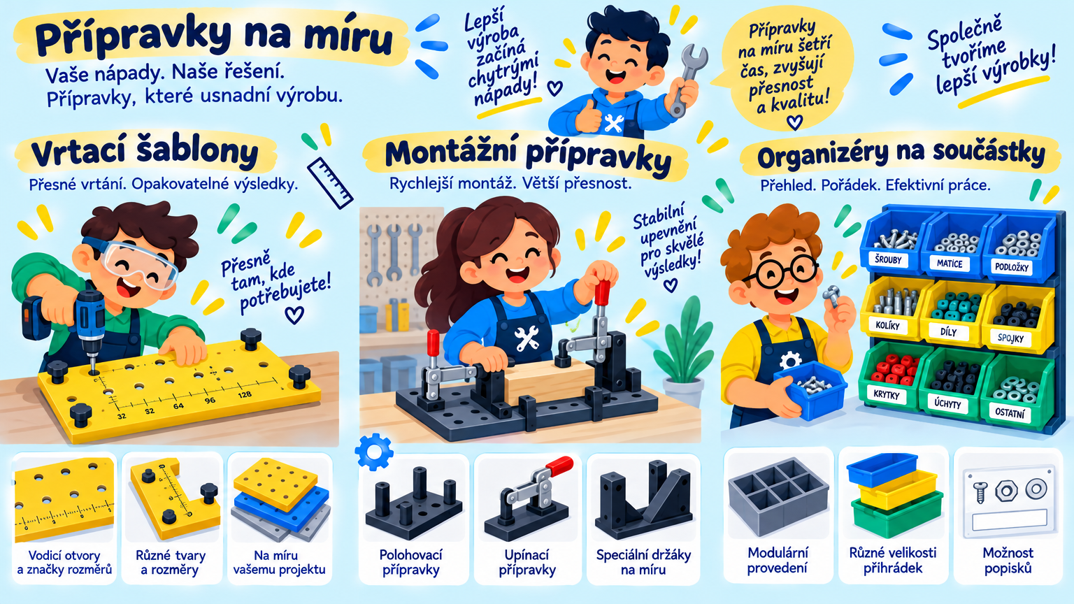 Infografika vrtacích šablon, montážních přípravků a organizérů na součástky