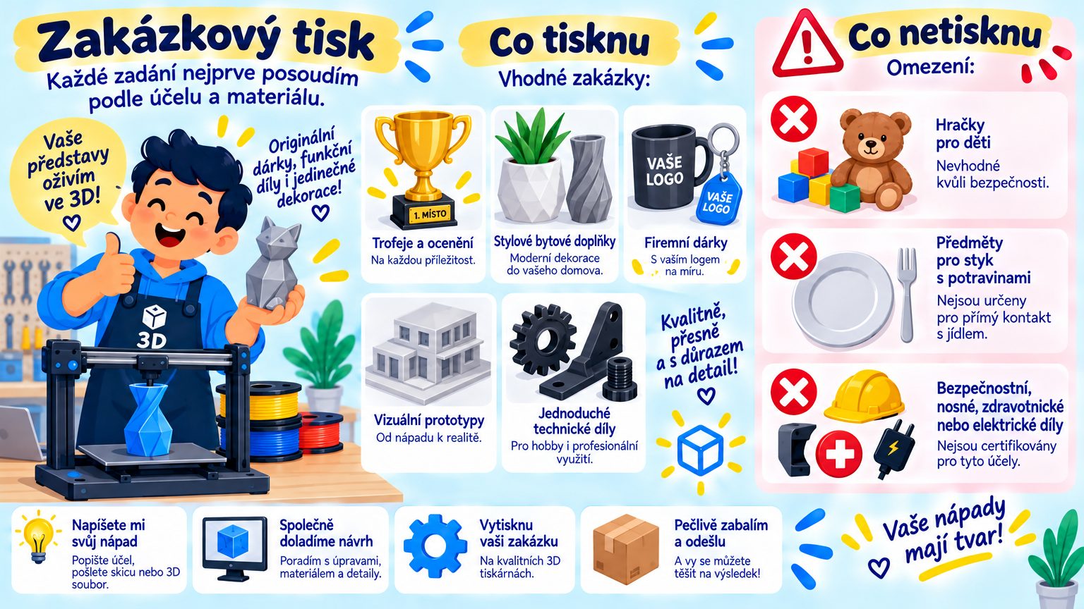 Infografika zakázkového 3D tisku s příklady vhodných zakázek a omezeními